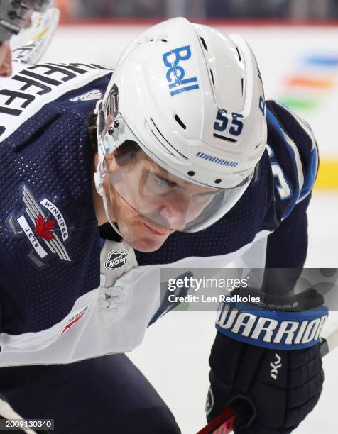 Mark Scheifele of the Winnipeg Jets looks on prior to facing off against the Philadelphia Flyers at the Wells Fargo Center on February 8, 2024 in...