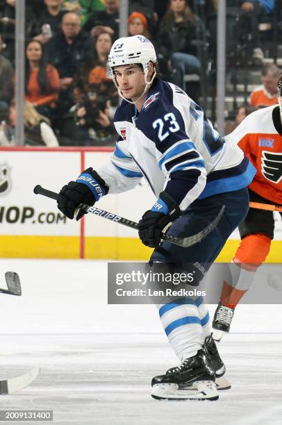 Sean Monahan of the Winnipeg Jets skates against the Philadelphia Flyers at the Wells Fargo Center on February 8, 2024 in Philadelphia, Pennsylvania.