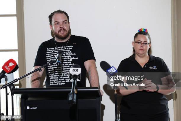 Brandon Bear, Sydney Mardi Gras Co-Chair, addresses media during the 2024 Sydney Gay and Lesbian Mardi Gras Festival launch at Bondi Beach on...