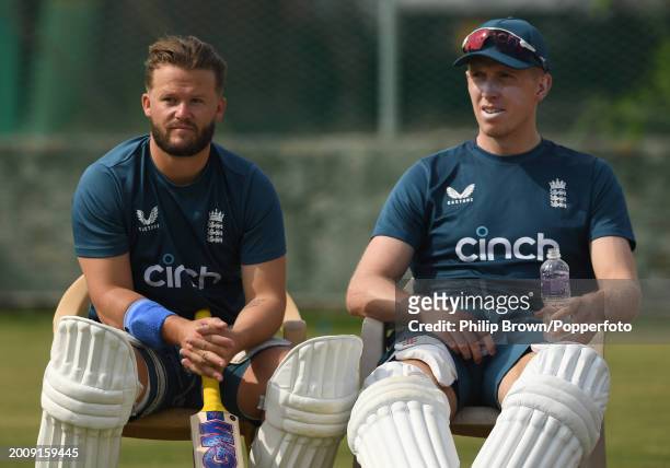 Ben Duckett and Zak Crawley of England look on during the England Net Session at Saurashtra Cricket Association Stadium on February 13, 2024 in...