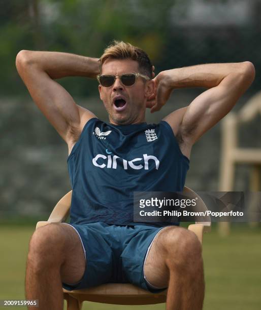 James Anderson of England yawns during the England Net Session at Saurashtra Cricket Association Stadium on February 13, 2024 in Rajkot, India.