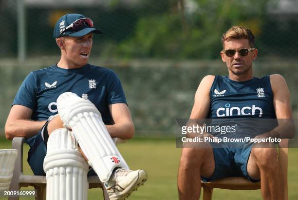 Zak Crawley and James Anderson of England look on during the England Net Session at Saurashtra Cricket Association Stadium on February 13, 2024 in...