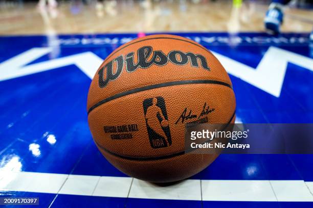 Wilson brand NBA official game ball before the game between the Detroit Pistons and Orlando Magic at Little Caesars Arena on February 04, 2024 in...