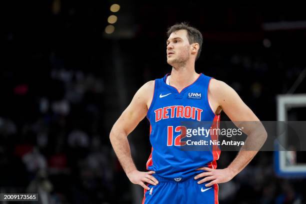 Danilo Gallinari of the Detroit Pistons looks on against the Orlando Magic at Little Caesars Arena on February 04, 2024 in Detroit, Michigan. NOTE TO...