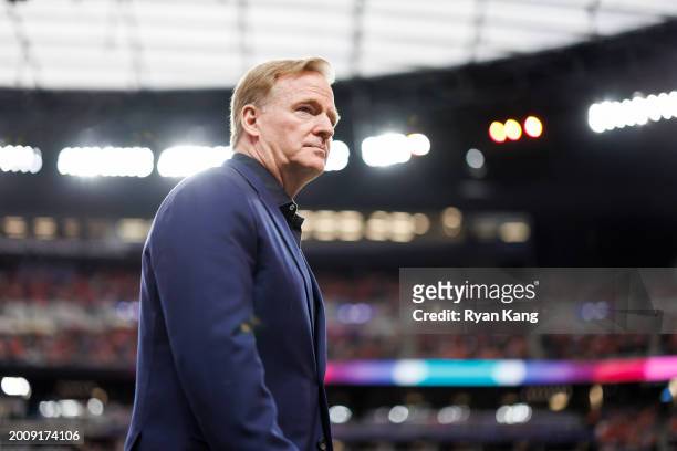 Commissioner Roger Goodell looks on before Super Bowl LVIII between the Kansas City Chiefs and San Francisco 49ers at Allegiant Stadium on February...