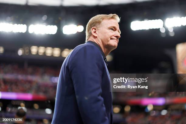 Commissioner Roger Goodell looks on before Super Bowl LVIII between the Kansas City Chiefs and San Francisco 49ers at Allegiant Stadium on February...