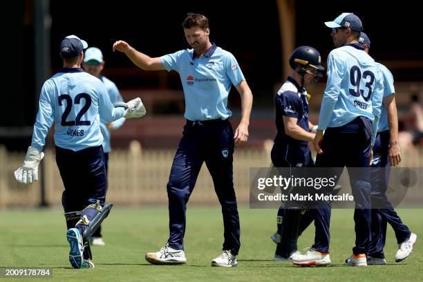 Jackson Bird of the Blues celebrates taking the wicket of Sam Harper of Victoria during the Marsh One Day Cup match between New South Wales and...