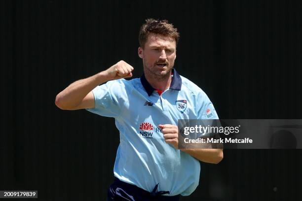 Jackson Bird of the Blues celebrates taking the wicket of Sam Harper of Victoria during the Marsh One Day Cup match between New South Wales and...