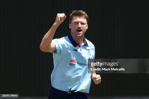 Jackson Bird of the Blues celebrates taking the wicket of Sam Harper of Victoria during the Marsh One Day Cup match between New South Wales and...