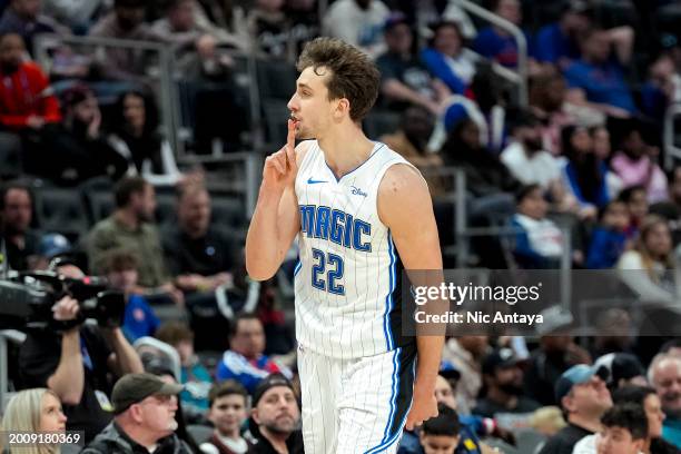 Franz Wagner of the Orlando Magic reacts against the Detroit Pistons at Little Caesars Arena on February 04, 2024 in Detroit, Michigan. NOTE TO USER:...