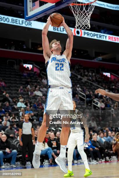 Franz Wagner of the Orlando Magic dunks the ball against the Detroit Pistons at Little Caesars Arena on February 04, 2024 in Detroit, Michigan. NOTE...