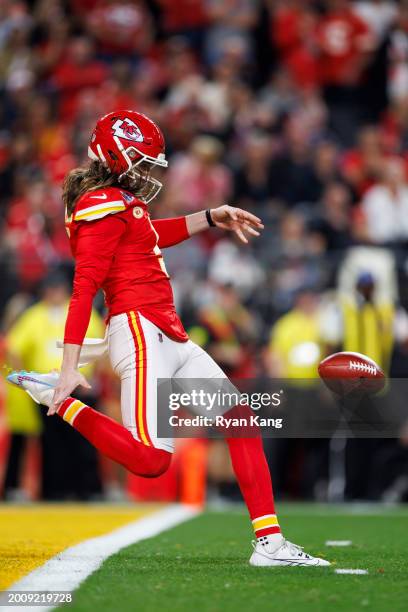 Tommy Townsend of the Kansas City Chiefs kicks the punt during Super Bowl LVIII against the San Francisco 49ers at Allegiant Stadium on February 11,...