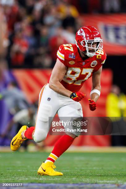 Travis Kelce of the Kansas City Chiefs runs a route during Super Bowl LVIII against the San Francisco 49ers at Allegiant Stadium on February 11, 2024...