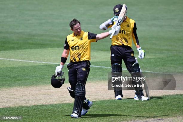 Arcy Short of Western Australia celebrates scoring a century during the Marsh One Day Cup match between Tasmania and Western Australia at Blundstone...