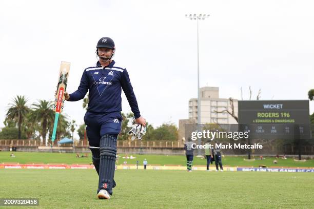 Tom Rogers of Victoria acknowledges the crowd after being dismissed on 196 during the Marsh One Day Cup match between New South Wales and Victoria at...