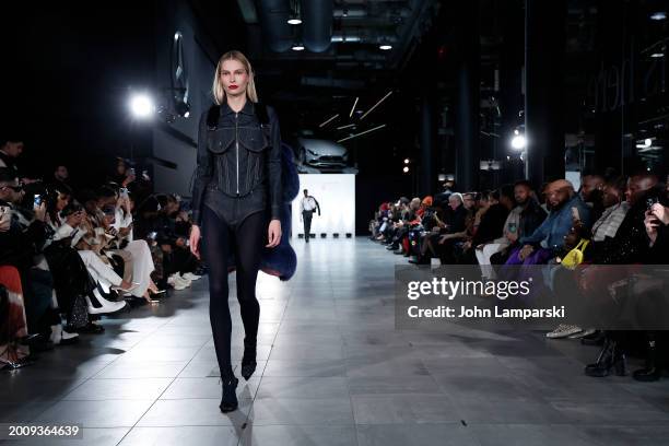 Model walks the runway at the Romeo Hunte fashion show during New York Fashion Week on February 13, 2024 in New York City.