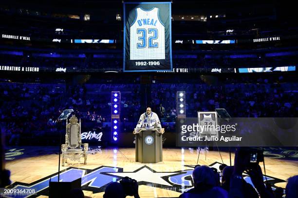 Shaquille O'Neal of the Orlando Magic speaks to fans as his jersey is retired at Kia Center on February 13, 2024 in Orlando, Florida. NOTE TO USER:...
