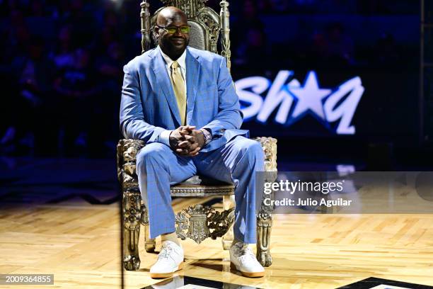 Shaquille O'Neal looks on as his jersey is retired at Kia Center following a game between the Orlando Magic and the Oklahoma City Thunder on February...