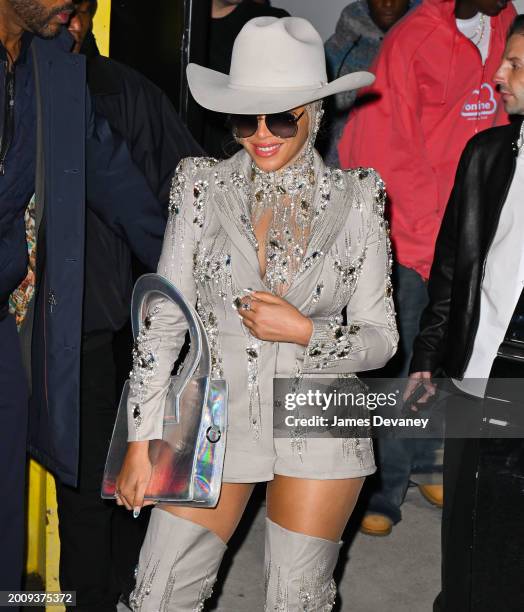 Beyonce leaves the Luar fashion show at 154 Scott in Brooklyn during New York Fashion Week on February 13, 2024 in New York City.