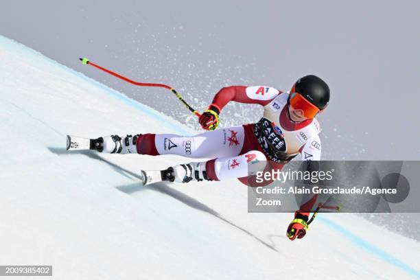 Ariane Raedler of Team Austria in action during the Audi FIS Alpine Ski World Cup Women's Downhill on February 17, 2024 in Crans Montana, Switzerland.