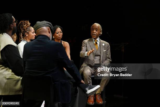 Dr. Yamma Brown, Dr. Deanna Brown Thomas and Rev. Al Sharpton speak onstage during A&E's "James Brown: Say It Loud" NYC Premiere Event at The...