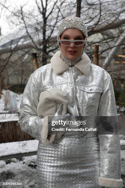 Annie Estrin wears Fashion Nova jacket, Bottega Veneta skirt, Steve Madden shoes, Max Mara bag and Balmain hat during New York Fashion Week : The...