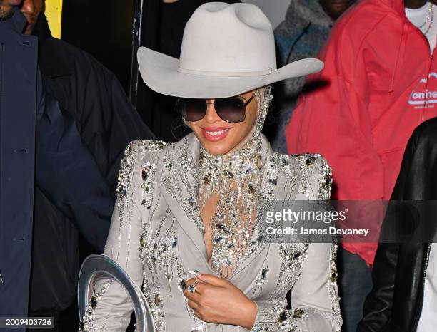 Beyonce leaves the Luar fashion show at 154 Scott in Brooklyn during New York Fashion Week on February 13, 2024 in New York City.