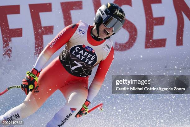 Lara Gut-behrami of Team Switzerland reacts during the Audi FIS Alpine Ski World Cup Women's Downhill on February 17, 2024 in Crans Montana,...