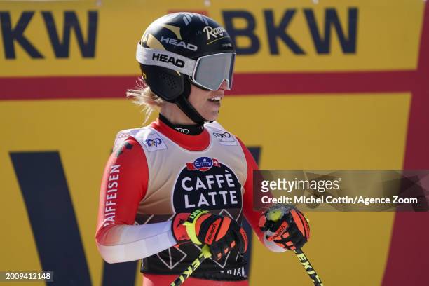 Lara Gut-behrami of Team Switzerland celebrates during the Audi FIS Alpine Ski World Cup Women's Downhill on February 17, 2024 in Crans Montana,...