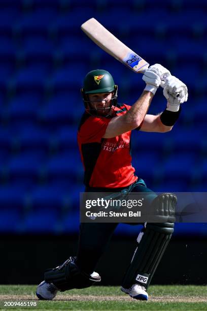 Charlie Wakim of the Tigers hits a boundary during the Marsh One Day Cup match between Tasmania and Western Australia at Blundstone Arena, on...