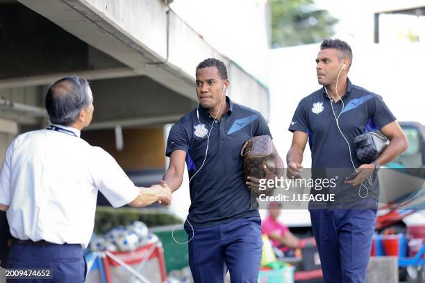 Lins and Wilson Rodrigues Fonseca of Ventforet Kofu are seen on arrival at the stadium prior to the J.League J1 match between Ventforet Kofu and...