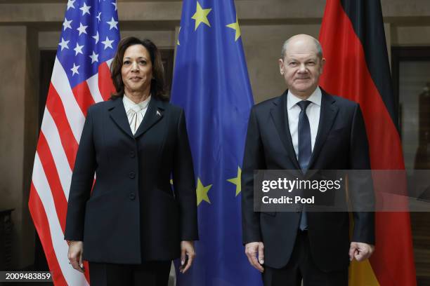 Vice President Kamala Harris and German Chancellor Olaf Scholz pose for the media on the occasion of bilateral talks at the 'Bayerischer Hof' hotel,...