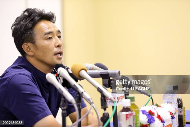 Head coach Tatsuma Yoshida of Ventforet Kofu speaks at the post match press conference after the J.League J1 match between Ventforet Kofu and Shimizu...