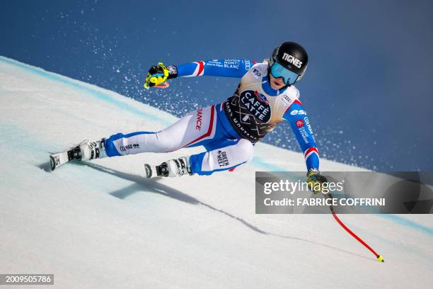 France's Laura Gauche competes during the Women's downhill event at the FIS Alpine Ski World Cup in Crans-Montana, Switzerland, on February 17, 2024.