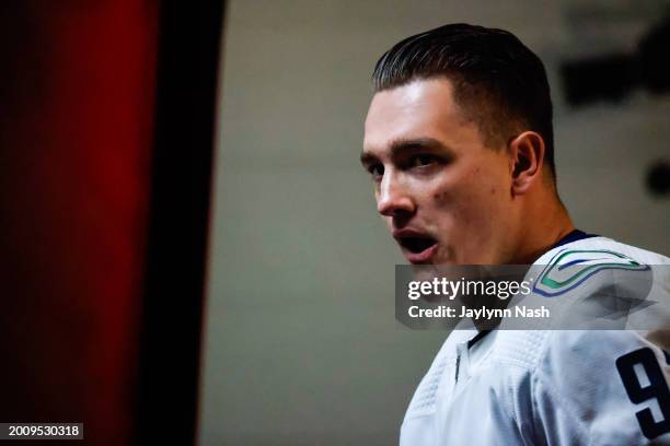 Nikita Zadorov of the Vancouver Canucks looks on before the first period of the game against the Carolina Hurricanes at PNC Arena on February 06,...