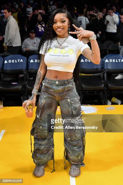 Rapper GloRillaattends a basketball game between the Los Angeles Lakers and the Detroit Pistons at Crypto.com Arena on February 13, 2024 in Los...