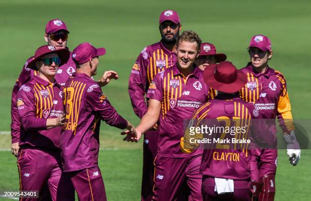 Connor Sully of the Queensland Bulls celebrates the wicket of Thomas Kelly of the Redbacks during the Marsh One Day Cup match between South Australia...