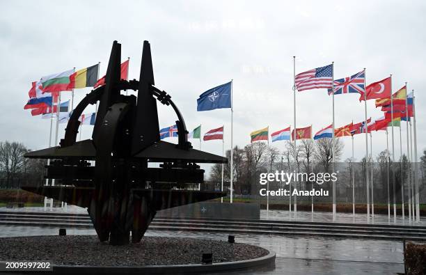 View of the national flags at the NATO Headquarters in Brussels, Belgium on February 16, 2024.