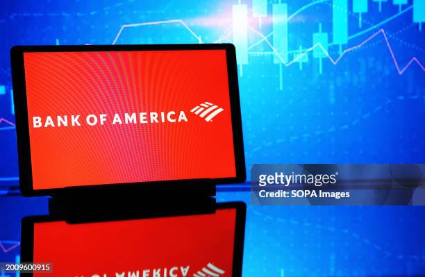 In this photo illustration, a Bank of America Corporation logo seen displayed on a tablet.