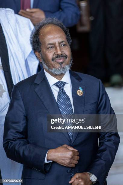 President of Somalia Hassan Sheikh Mohamud arrives for a group photograph before the opening ceremony of the 37th Ordinary Session of the Assembly of...