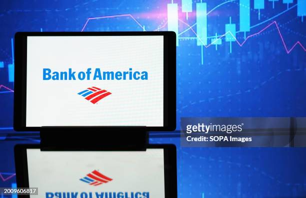 In this photo illustration, a Bank of America Corporation logo seen displayed on a tablet.