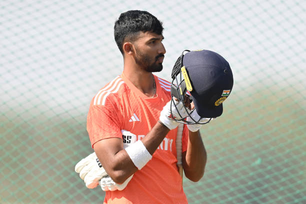 Dhruv Jurel of India during a nets session at Saurashtra Cricket Association Stadium on February 14, 2024 in Rajkot, India.