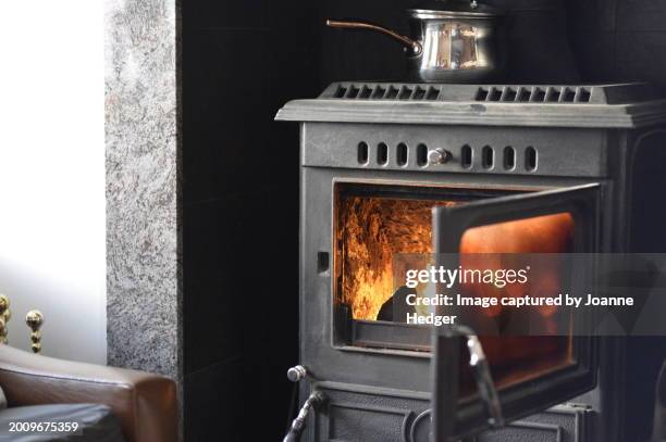 wood burning stove and sofa - fornuis stockfoto's en -beelden