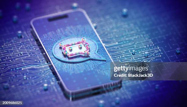 ai bot on phone. machine learning. digital mind technology concept - chatbot stock pictures, royalty-free photos & images