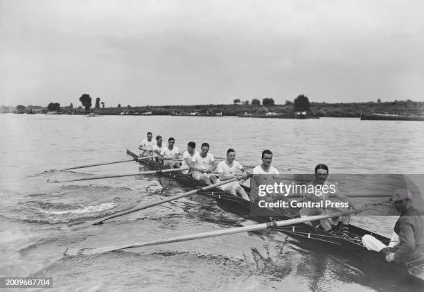 The Great Britain team during the men's eights rowing event of the 1924 Summer Olympics, on the river Seine in Paris, France, July 1924.