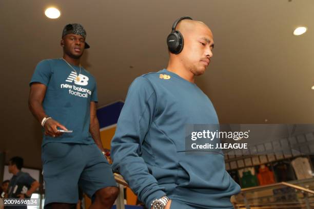 Victor Ibarbo and Yutaka Yoshida of Sagan Tosu are seen on arrival at the stadium prior to the J.League J1 match between Vegalta Sendai and Sagan...