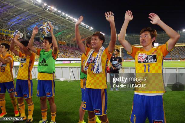 Vegalta Sendai players applaud fans after the team's 4-1 victory in the J.League J1 match between Vegalta Sendai and Sagan Tosu at Yurtec Stadium...