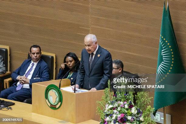 Secretary-General of the Arab League Ahmed Aboul Gheit delivers his remarks during the 37th Ordinary Session of the Assembly of the African Union at...