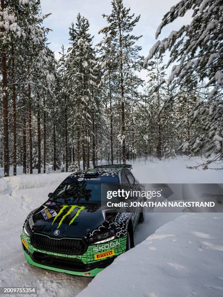 Oliver Solberg of Sweden and his co-driver Elliott Edmondson of Great Britain steer their Skoda Fabia RS during the Sarsjoliden, 10th stage of the...
