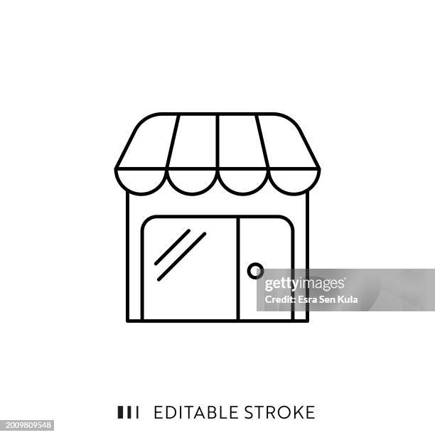 illustrazioni stock, clip art, cartoni animati e icone di tendenza di design dell'icona della linea del minimarket con tratto modificabile. adatto per infografiche, pagine web, app mobili, ui, ux e progettazione di gui. - inaugurazione di un nuovo negozio